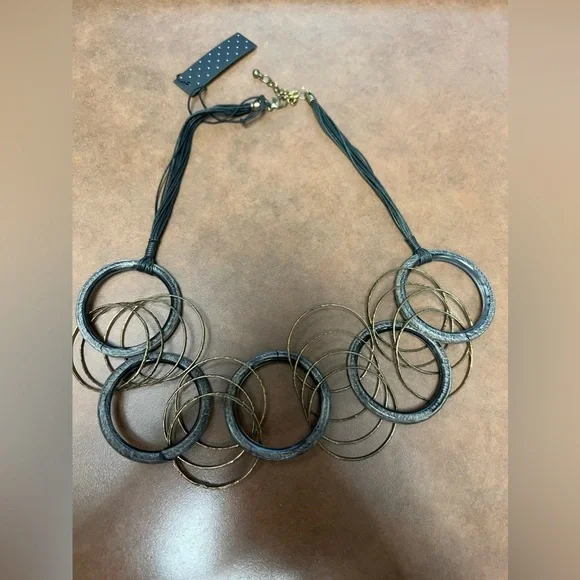 Black and Gold Hoop Necklace with earrings-Contemporary, statement piece - Picture 7 of 9